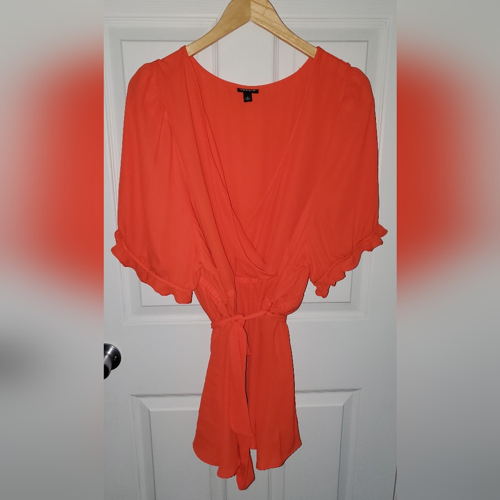 Torrid Size 4 Ruffled Short Sleeve Orange Wrap Blouse Empire Belted Waist